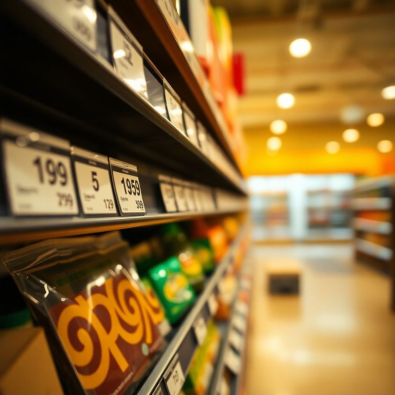 Prim-plan cu etichete de preț de la supermarket pe un raft, în lumină caldă chihlimbarie