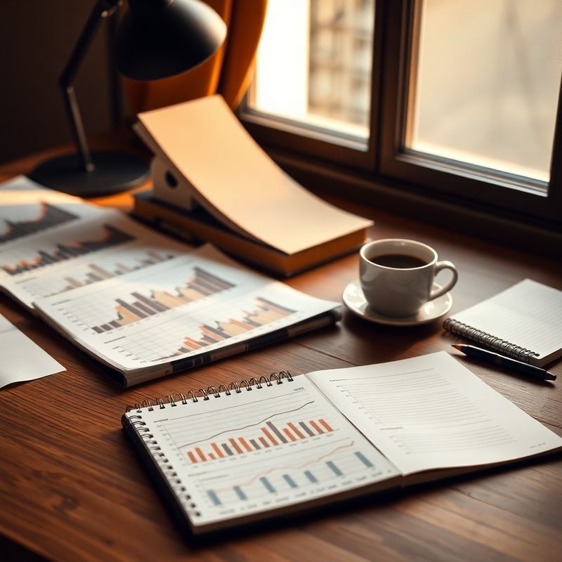 Birou editorial cu grafice economice tipărite, un caiet și o ceașcă de cafea, în lumină caldă chihlimbarie