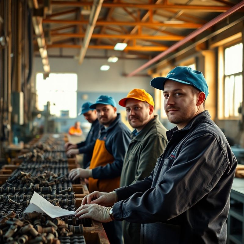 Fotografie candidă a unor muncitori români într-o hală industrială ușoară, în lumină naturală caldă